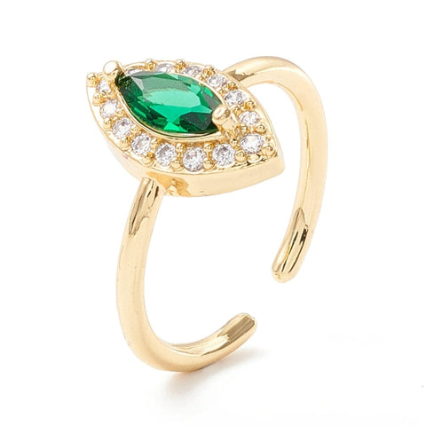 BeadsBalzar Beads & Crafts (GQR8308-RS) Brass Green Cubic Zirconia Horse Eye Cuff Ring, Real 18K Gold Plated 17mm (1 PC)