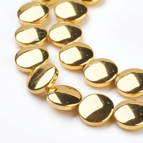 BeadsBalzar Beads & Crafts (HB8224-01G) Electroplate Non-magnetic Synthetic Hematite Flat Round, Golden Si10~10.5mm (10 PCS)