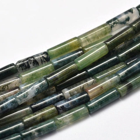 BeadsBalzar Beads & Crafts MOSS AGATE (BG4118-01B) (BG4118-X) Natural Beads Strands, Column, 13~14x4~5mm (1 STR)