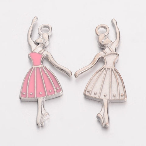 BeadsBalzar Beads & Crafts (PE1345) Alloy Enamel Pendants, Ballerina, Platinum Color, Pink 32x13mm (4 PCS)