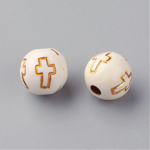 BeadsBalzar Beads & Crafts Plating Acrylic Beads, Golden Metal Enlaced, Round with Cross, Beige (CR5147)