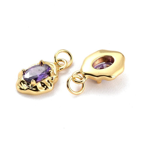 BeadsBalzar Beads & Crafts PURPLE (GQP8411-E) (GQP8411-X) Brass Micro Pave Cubic Zirconia Pendant, Real 18K Gold Plated, Oval, 8x12mm (2 PCS)