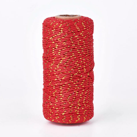 BeadsBalzar Beads & Crafts RED (MC7798-02E) (MC7798-X) Cotton String Threads, Macrame with Gold Wire, 1~1.5mm (100m)