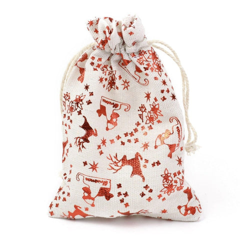 BeadsBalzar Beads & Crafts RED/RHEINDEER (OB7732-B18) (OB7732-X) Christmas Theme Cotton Fabric Cloth Bag, 10x14cm (4 PCS)