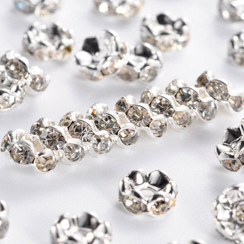 BeadsBalzar Beads & Crafts (SB5326) Brass Rhinestone Spacer Beads, Grade A, Wavy Edge, Silver Metal Color, Rondelle, Crystal 6MM