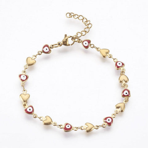BeadsBalzar Beads & Crafts (SB8670-01) Ion Plating(IP) 304 Stainless Steel Link Chain Bracelet Heart with Evil Eye, Red(18.5cm)