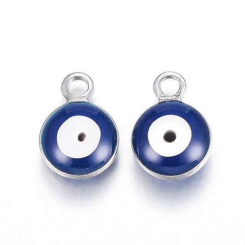 BeadsBalzar Beads & Crafts (SE5266A) 304 Stainless Steel Enamel Charms, Flat Round, Eye, MediumBlue 8MM (5 PCS)