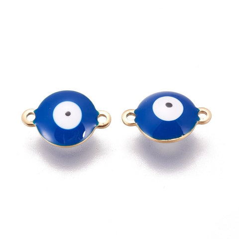 BeadsBalzar Beads & Crafts (SE6060B) GOLD / BLUE (SE6060X) 304 Stainless Steel Enamel Links, Flat Round with Evil Eye, 10mm wide, 14.5mm long, 4.5mm (4 PCS)