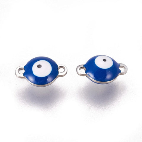 BeadsBalzar Beads & Crafts (SE6060C) STEEL/ BLUE (SE6060X) 304 Stainless Steel Enamel Links, Flat Round with Evil Eye, 10mm wide, 14.5mm long, 4.5mm (4 PCS)