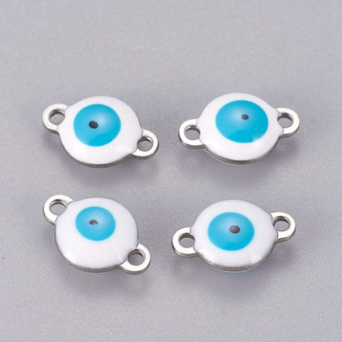 BeadsBalzar Beads & Crafts (SE6060D) STEEL / LT BLUE (SE6060X) 304 Stainless Steel Enamel Links, Flat Round with Evil Eye, 10mm wide, 14.5mm long, 4.5mm (4 PCS)