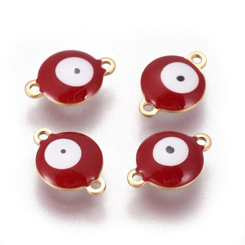 BeadsBalzar Beads & Crafts (SE6060F) GOLD/RED (SE6060X) 304 Stainless Steel Enamel Links, Flat Round with Evil Eye, 10mm wide, 14.5mm long, 4.5mm (4 PCS)
