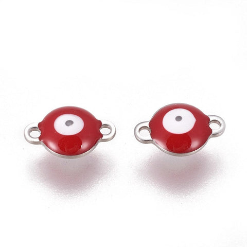 BeadsBalzar Beads & Crafts (SE6060G) STEEL/RED (SE6060X) 304 Stainless Steel Enamel Links, Flat Round with Evil Eye, 10mm wide, 14.5mm long, 4.5mm (4 PCS)