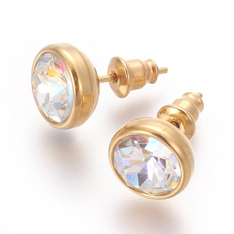 BeadsBalzar Beads & Crafts (SE7556-10G) CLEAR AB (SE7556-X) 304 Stainless Steel Ear Studs, Flat Round, Golden, 10x17mm (1 PAIR)
