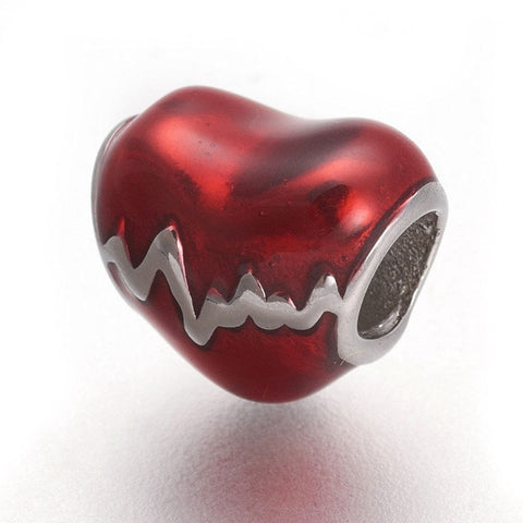 BeadsBalzar Beads & Crafts (SH8108-04C) 304 Stainless Steel European Beads, with Enamel, Large Hole Beads, Heartbeat, about 12mm (1 PC)