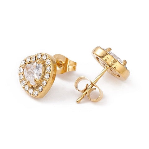 BeadsBalzar Beads & Crafts (SH8674-03G) Cubic Zirconia Heart Stud Earrings, Ion Plating(IP) 304 Stainless Steel Golden, Crystal (10mm) (1 PAIR)