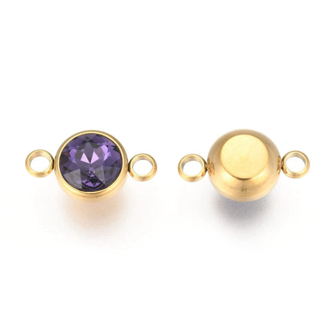 BeadsBalzar Beads & Crafts (SL5241-11) AMETHYST (SL5241-X) Glass Links, Stainless Steel Flat Round, Golden, 17.5mm (1 PC)