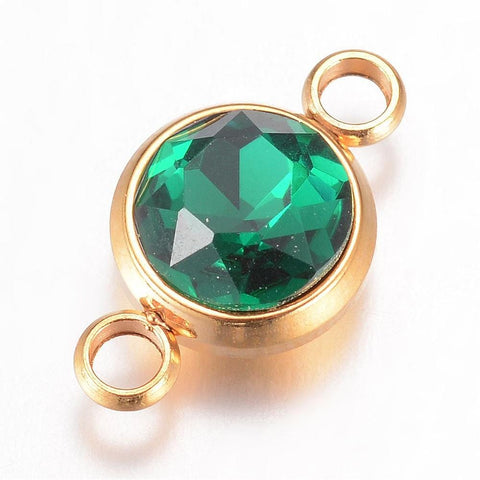 BeadsBalzar Beads & Crafts (SL5241H) EMERALD (SL5241-X) Glass Links, Stainless Steel Flat Round, Golden, 17.5mm (1 PC)