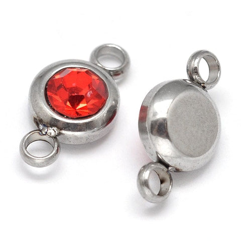 BeadsBalzar Beads & Crafts (SL6146B) STEEL/RED (SL6146X) Flat Round 304 Stainless Steel Cubic Zirconia Links,, 6.5mm wide, 12mm long +COLORS (5 PCS)