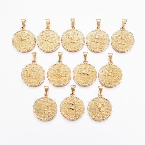 BeadsBalzar Beads & Crafts (SP7411-ALL) 304 Stainless Steel Pendant Flat Round Zodiac Sign, Golden 29mm (1 PC)