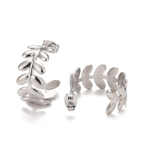 BeadsBalzar Beads & Crafts STEEL COLOR (SE8376-13P) (SE8376-X) 304 Stainless Steel Stud Earrings for Women, Leaf, 23mm (1 PAIR)