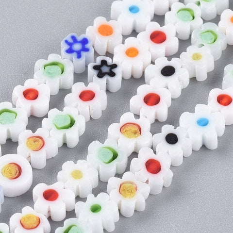 BeadsBalzar Beads & Crafts WHITE (MB8342-11) (MB8342-X) Handmade Millefiori Glass Bead Strands, Flower, 7.2mm (40 PCS)