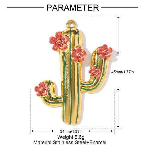 18K Gold-Plated 304 Stainless Steel Green Enamel Cactus Pendant – 45 × 34mm 18K Gold-Plated Green Enamel Cactus Pendant 45mm