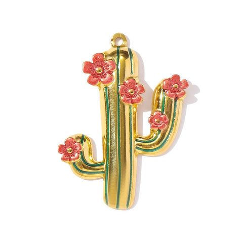 18K Gold-Plated 304 Stainless Steel Green Enamel Cactus Pendant – 45 × 34mm 18K Gold-Plated Green Enamel Cactus Pendant 45mm