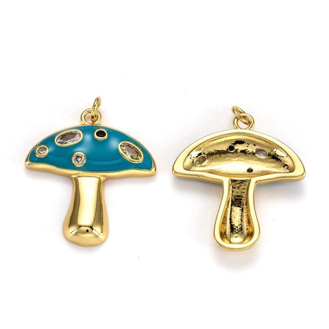 DARK TURQUOISE 18K Gold Plated Brass Mushroom Pendant with Micro Pave Cubic Zirconia, 28x25mm 18K Gold Plated Brass Mushroom Pendant with Micro Pave Cubic Zirconia, 28x25mm