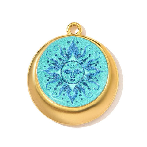 18K Gold Plated Stainless Steel Sun Pendant – Deep Sky Blue Round Charm, Mirror Polished, Ion Plated 18K Gold Plated Stainless Steel Sun Pendant – Deep Sky Blue Round Charm, Mirror Polished, Ion Plated