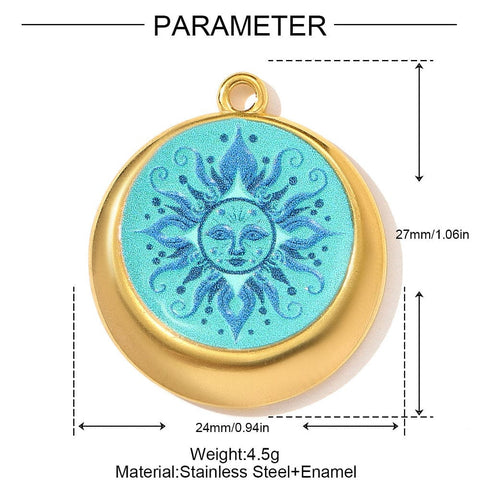 18K Gold Plated Stainless Steel Sun Pendant – Deep Sky Blue Round Charm, Mirror Polished, Ion Plated 18K Gold Plated Stainless Steel Sun Pendant – Deep Sky Blue Round Charm, Mirror Polished, Ion Plated