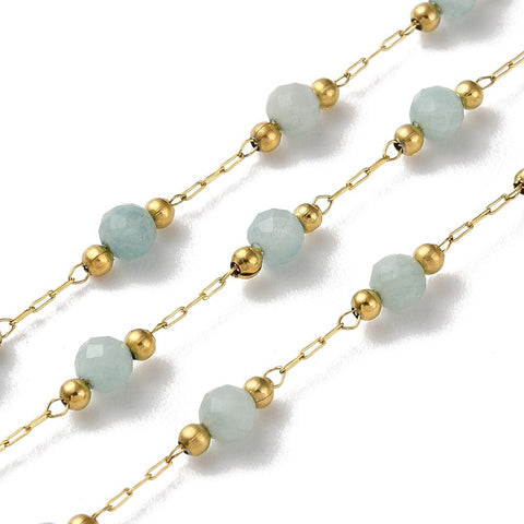 18K Ion Gold Plated 316 Stainless Steel Paperclip Chain with Natural Amazonite Beads – 3mm 18K Ion Gold Plated 316 Stainless Steel Paperclip Chain with Natural Amazonite Beads – 3mm