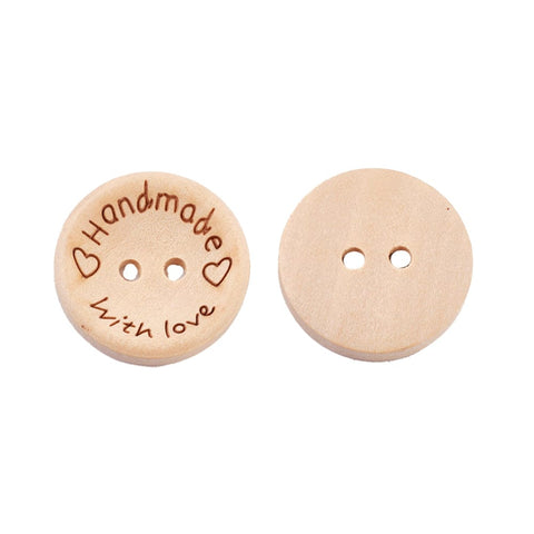 2-Hole Wooden Buttons – "Handmade with Love" Engraved, Flat Round 2-Hole Wooden Buttons – "Handmade with Love" Engraved, Flat Round for Sewing & Crafts