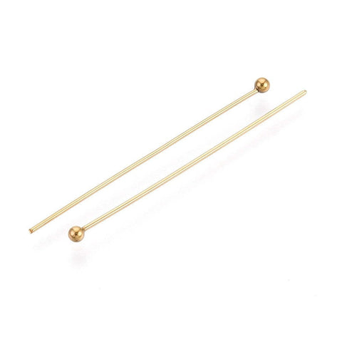 35mm long, Head: 2 mm, pin: 0.5mm thick 304 stainless steel Ball Head pins Ion plated 18K Gold Plating 304 stainless steel Ball Head pins Ion plated 18K Gold Plating
