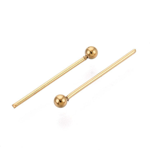 15mm long, Head: 2 mm, pin: 0.5mm thick 304 stainless steel Ball Head pins Ion plated 18K Gold Plating 304 stainless steel Ball Head pins Ion plated 18K Gold Plating
