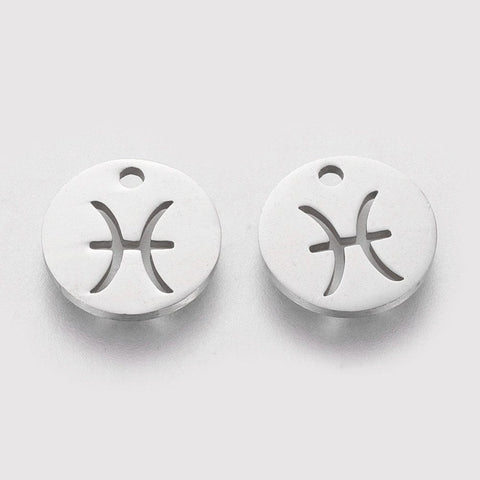 Pisces 304 Stainless Steel Charms, Flat Round with Constellation/Zodiac Sign, 12mm 304 Stainless Steel Charms, Flat Round with Constellation/Zodiac Sign, 12mm