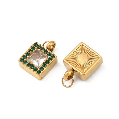 304 Stainless Steel & Clear Cubic Zirconia & Emerald Rhinestone Charms, Ion Plated 304 Stainless Steel & Clear Cubic Zirconia & Emerald Rhinestone Charms, Ion Plated