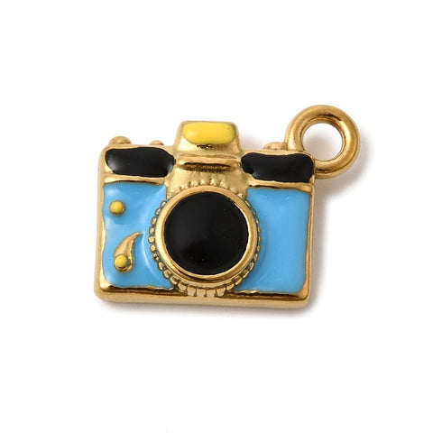 304 Stainless Steel Enamel Camera Charms, Real 18K Gold Plated, Deep Sky Blue 304 Stainless Steel Enamel Camera Charms, Real 18K Gold Plated 