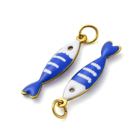 BLUE 304 Stainless Steel Enamel Fish Charms, Ion Plated 304 Stainless Steel Enamel Fish Charms, Ion Plated