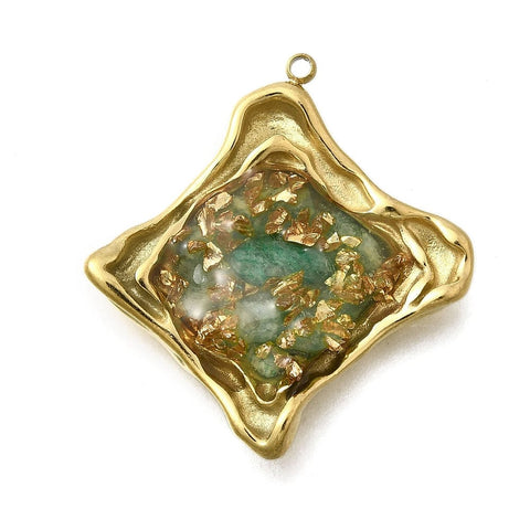 304 Stainless Steel Enamel Rhombus Pendant with Green Aventurine Chips, Golden, 31.5mm 304 Stainless Steel Enamel Rhombus Pendant with Green Aventurine Chips, Golden, 31.5mm