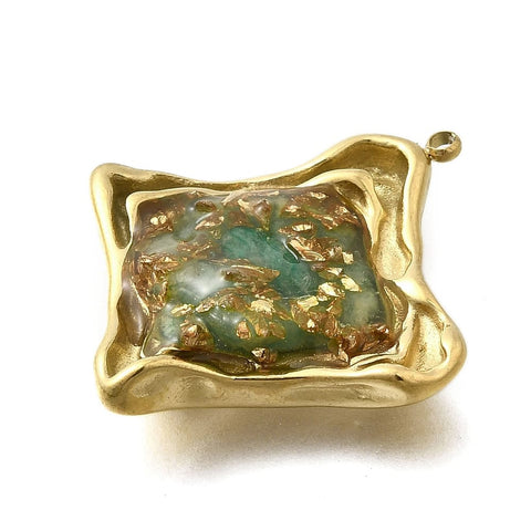 304 Stainless Steel Enamel Rhombus Pendant with Green Aventurine Chips, Golden, 31.5mm 304 Stainless Steel Enamel Rhombus Pendant with Green Aventurine Chips, Golden, 31.5mm