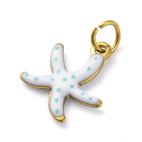 WHITE 304 Stainless Steel Enamel Starfish Charms, Ion Plated 304 Stainless Steel Enamel Starfish Charms, Ion Plated