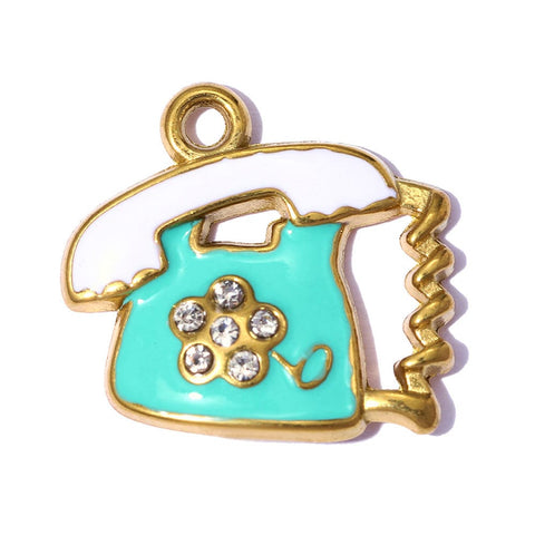 304 Stainless Steel Enamel Telephone Charms, Real 18K Gold Plated, Cyan 304 Stainless Steel Enamel Telephone Charms, Real 18K Gold Plated | Cyprus