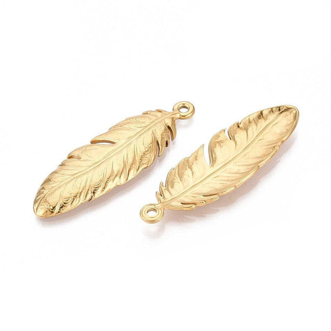ION GOLD PLATED 304 Stainless Steel Feather Pendants, 46x15mm 304 Stainless Steel Feather Pendants, 46x15mm 