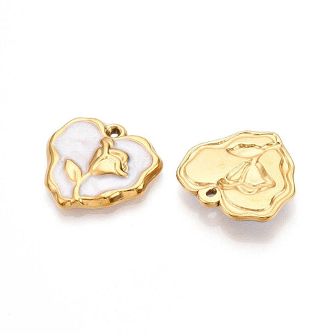 WHITE 304 Stainless Steel Heart with Flower Enamel Pendants, 18K Gold Plated, Ion Plated 304 Stainless Steel Heart with Flower Enamel Pendants – Real 18K Gold Plated | Ion Plated Charms for Jewelry Making