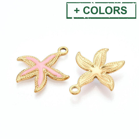 304 Stainless Steel Ion Plated Starfish Pendants with Enamel, 18K Gold Plated, 22x25mm 304 Stainless Steel Ion Plated Starfish Pendants with Enamel, 18K Gold Plated, 22x25mm