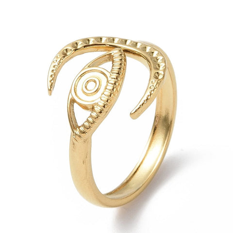 X  18K GOLD PLATED 304 Stainless Steel Open Cuff Ring, Crescent Moon with Eye, 18.5mm 304 Stainless Steel Open Cuff Ring, Crescent Moon with Eye, 18.5mm