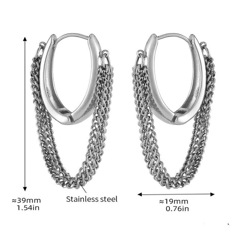 304 Stainless Steel Oval Hoop Earrings – Curb Chain Tassel Design 304 Stainless Steel Oval Hoop Earrings – Curb Chain Tassel Design