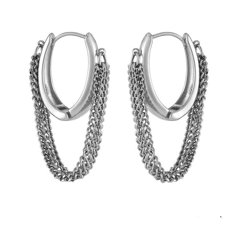 304 Stainless Steel Oval Hoop Earrings – Curb Chain Tassel Design 304 Stainless Steel Oval Hoop Earrings – Curb Chain Tassel Design