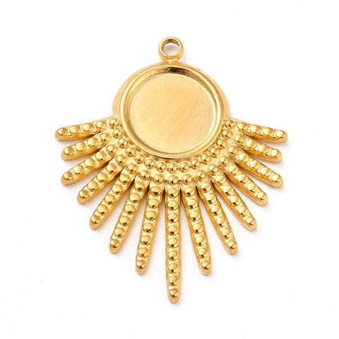 ION GOLD PLATED 304 Stainless Steel Pendant Cabochon Settings, Fan, Tray: 8mm, 25.5x21x2mm 304 Stainless Steel Pendant Cabochon Settings, Fan, Tray: 8mm, 25.5x21x2mm