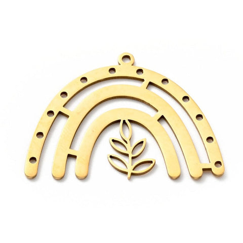 ION 18KT GOLD PLATED 304 Stainless Steel Pendant Charm, Arch Chandelier with Leaf , 26x36x1mm 304 Stainless Steel Pendant Charm, Arch Chandelier with Leaf , 26x36x1mm